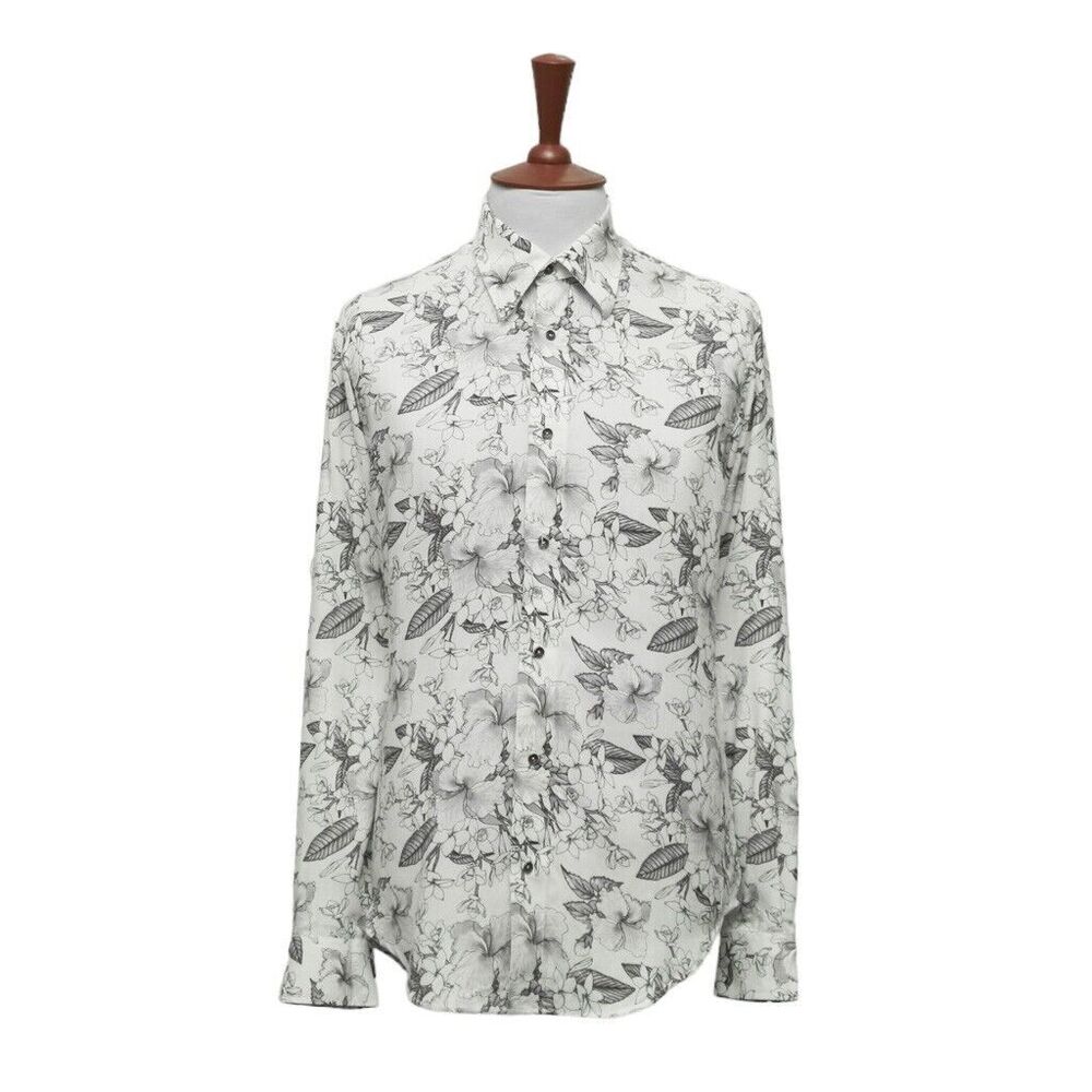 Mens Shirt Button Up White Gray Floral Casual Tropical Hawaiian Beach Medium